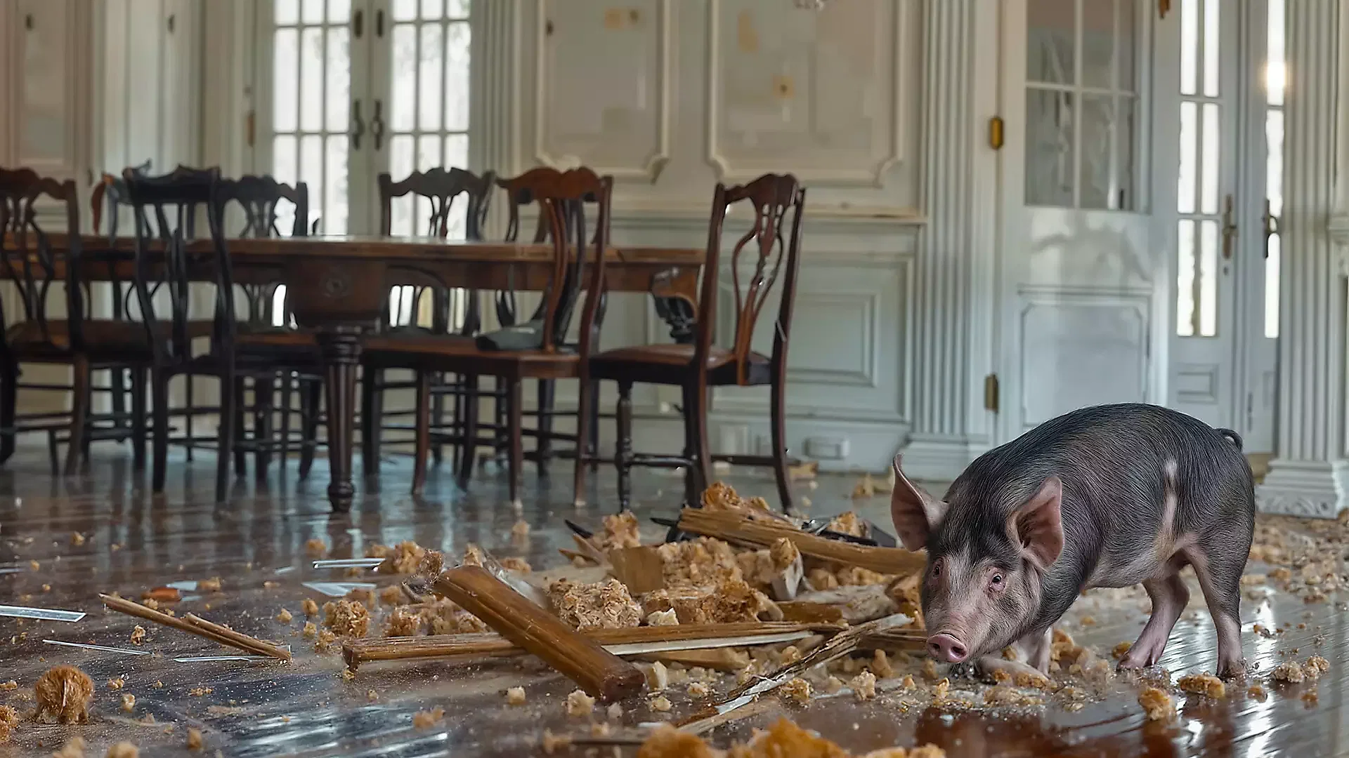 a pig in a room with a table and chairs