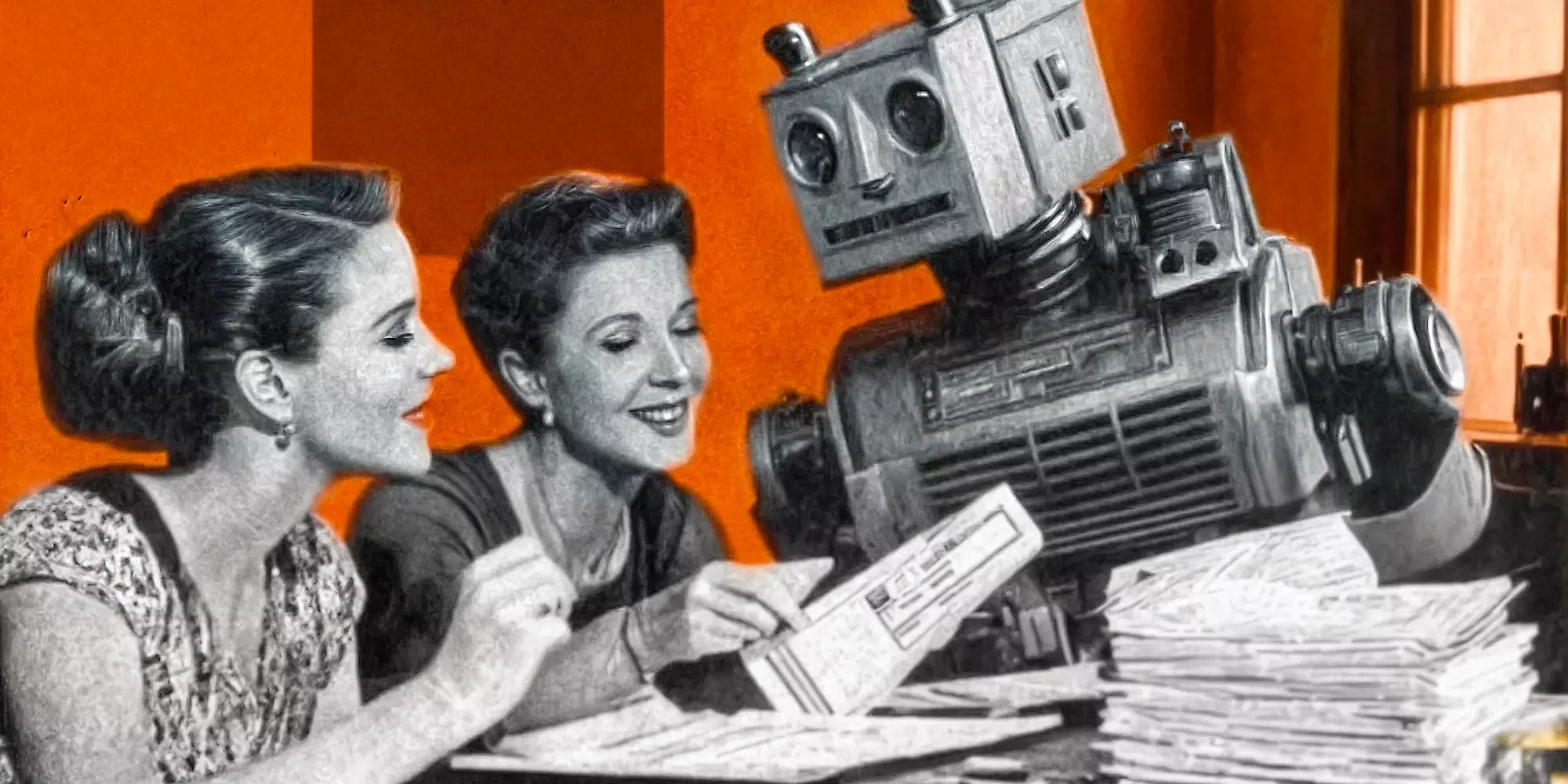 Two women sit at a table with a robot, reviewing documents and smiling. A stack of papers is in front of them. The background features an orange wall and a window, emphasizing their commitment to East Bay DIY Landlords amidst discussions on San Francisco's AI Rent Ban.