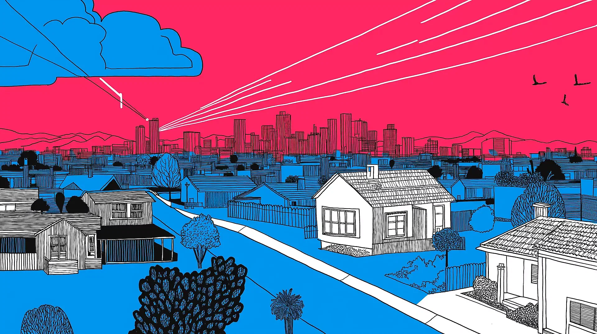 Illustration of a suburban neighborhood featuring houses, trees, and a distant city skyline under a vibrant pink sky with blue clouds and trails. Birds fly on the right side, capturing the essence of professional property management in harmony with nature.