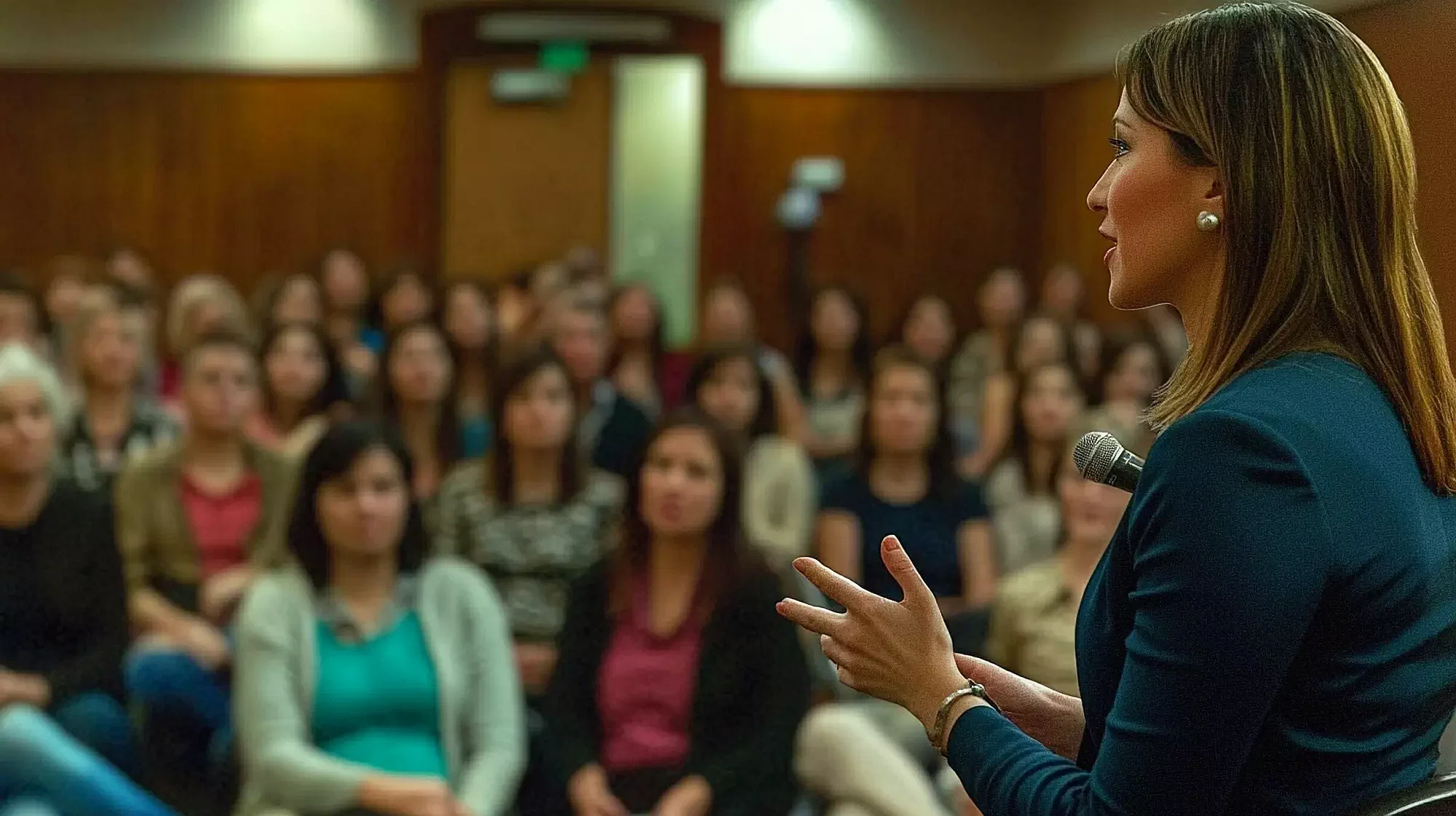 A woman speaks to an attentive audience in a lecture hall, sharing insights on SLPM Association Management and its impact on Stockton and surrounding areas.