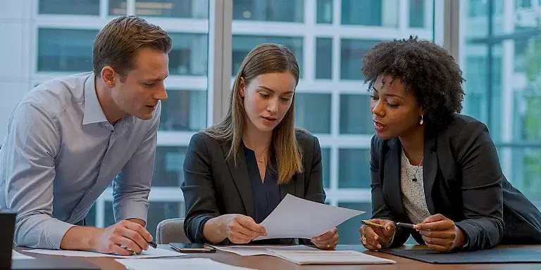 Three people in business attire sit at a table in an office, reviewing property management documents together in front of large windows.