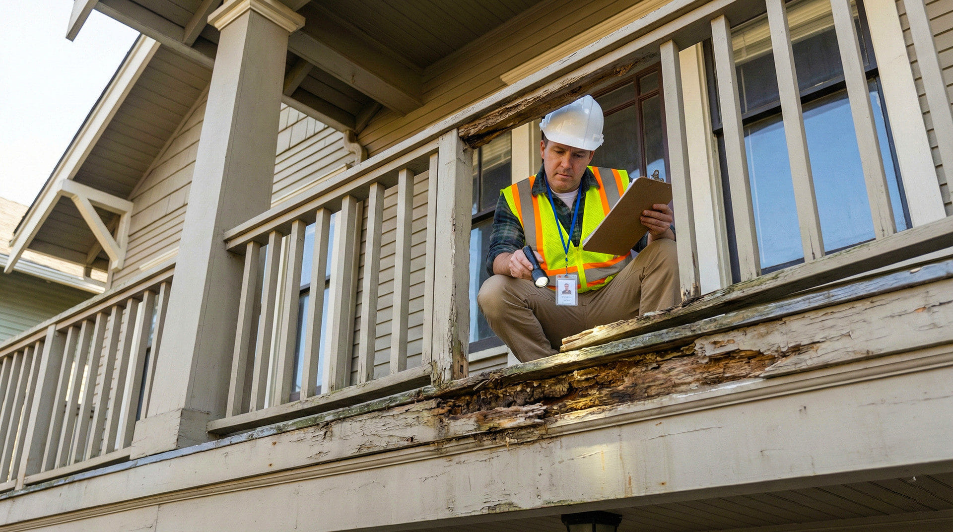 A construction inspector in safety gear examines a clipboard while assessing wood rot damage on a house balcony for SLPM Bay Area Property Management.
