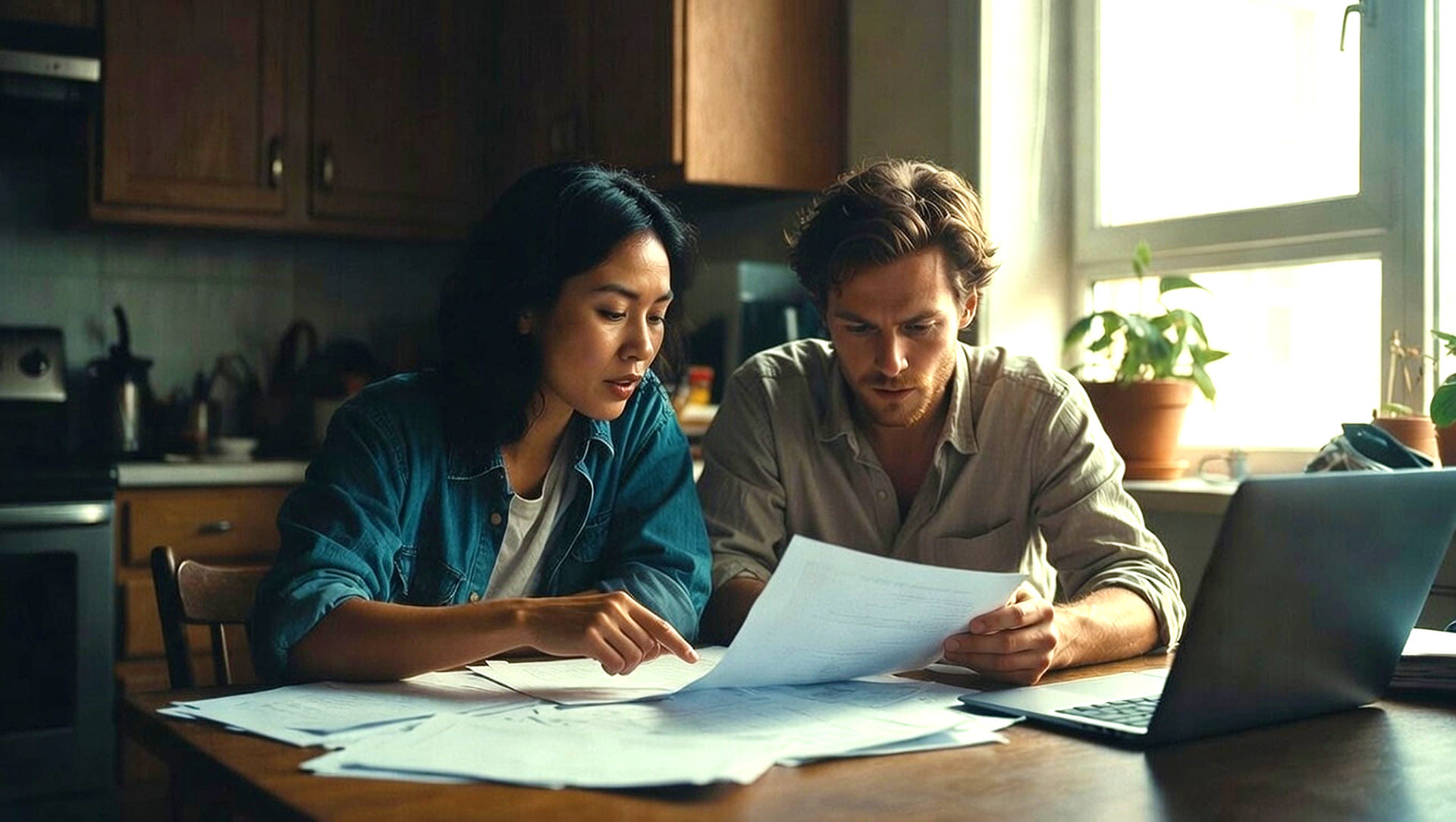 Two people sit at a table reviewing documents together, with a laptop and papers— including a website privacy policy—spread out in front of them in a kitchen setting.