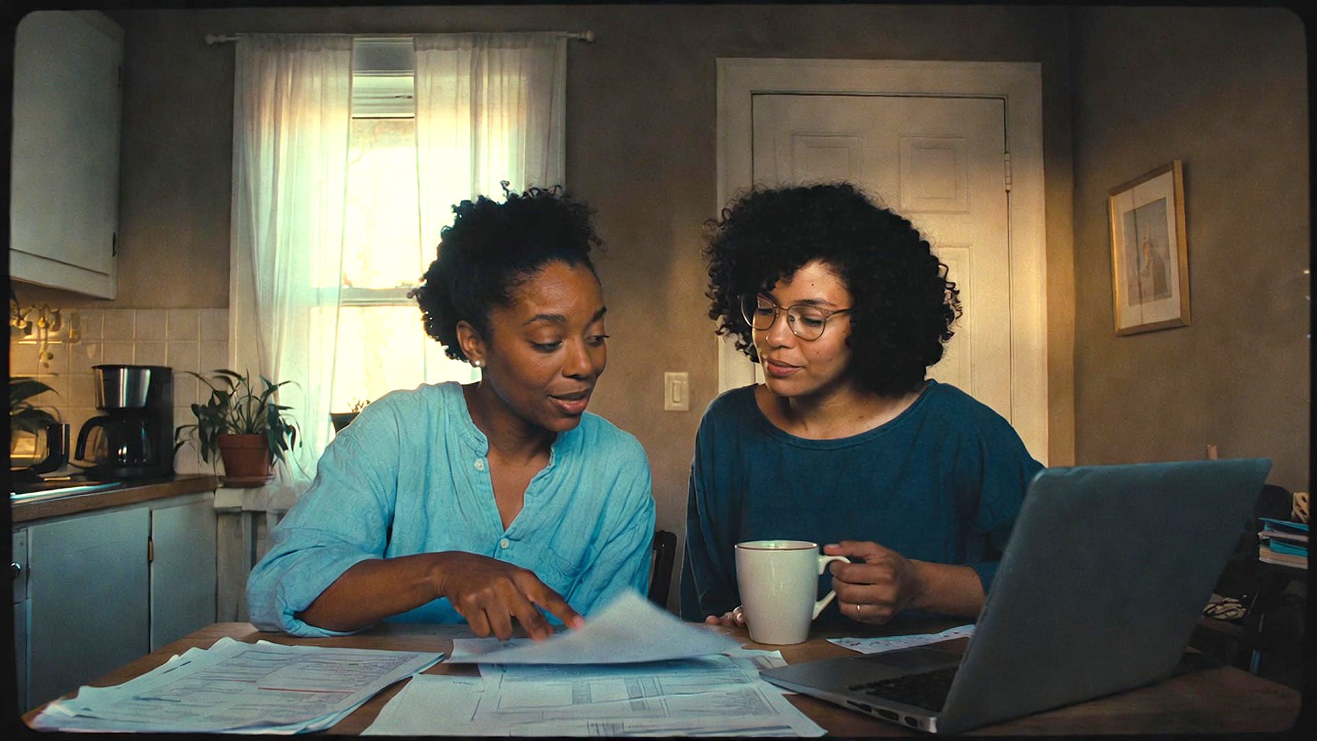 Two women sit at a table with papers, a mug, and a laptop, discussing oakland property management documents together in a well-lit room.