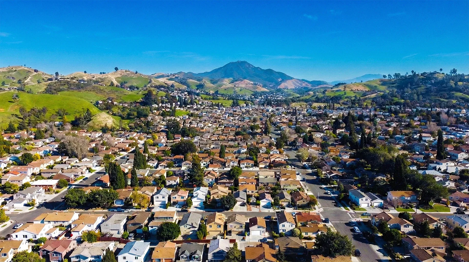 Aerial view of a suburban neighborhood in Contra Costa County with rows of houses, tree-lined streets, and green hills in the background under a clear blue sky—ideal for professional property management.