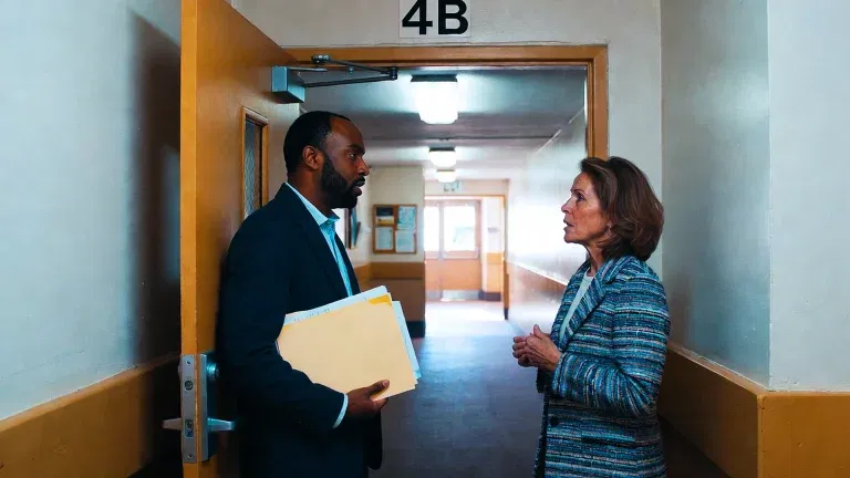 Two people stand in a hallway by an open door labeled "4B," engaged in conversation; one holds a file folder, representing professional service from SLPM Bay Area Property Management.