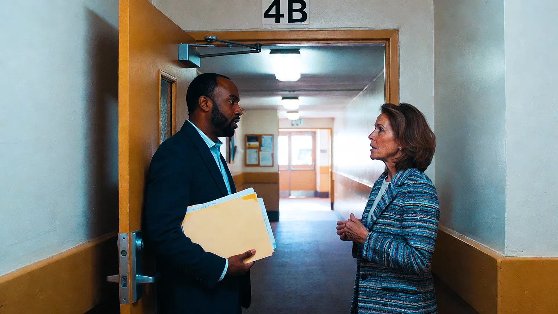 Two people stand in a hallway by an open door labeled "4B," engaged in conversation; one holds a file folder, representing professional service from SLPM Bay Area Property Management.