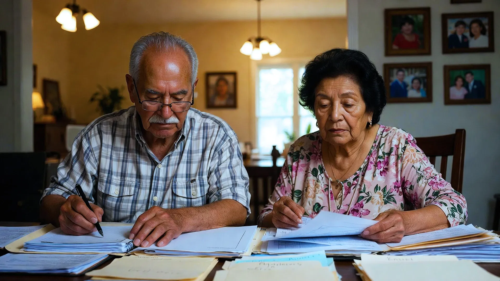 An elderly man and woman sit at a table reviewing paperwork together in a home setting, with family photos on the wall and SLPM Bay Area Property Management documents spread before them.