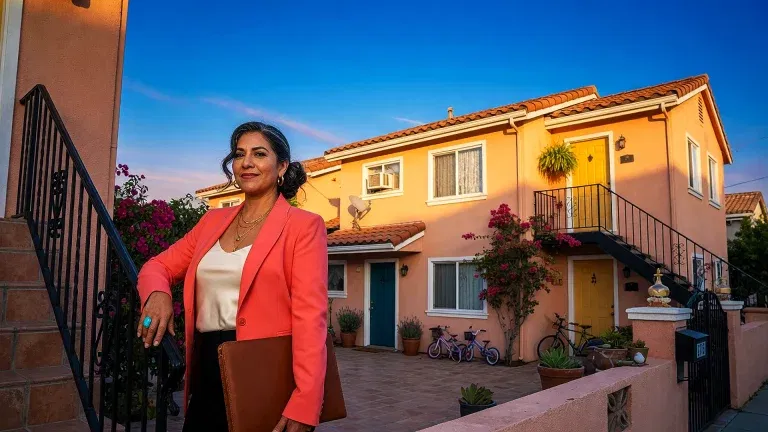 A woman in a coral blazer holding a folder stands in front of a peach-colored apartment managed by SLPM Bay Area Property Management, featuring a yellow door and lush plants beneath a clear blue sky.