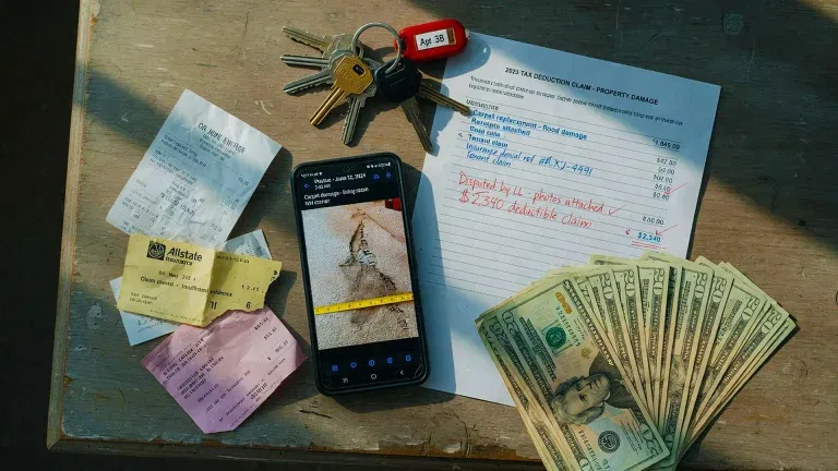 A tabletop with receipts, car keys, a phone displaying a crack in a wall, a completed tax deduction form, and a stack of $20 bills organized in a fan shape—essentials for any California landlord tracking deposits under new laws.