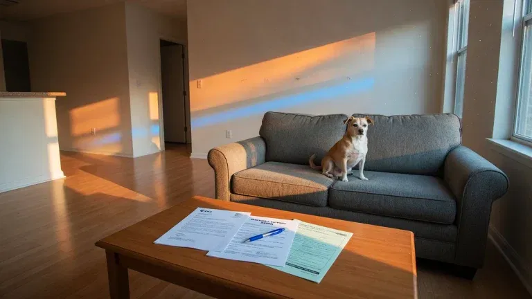 A small dog sits on a gray couch in a sunlit living room managed by SLPM Bay Area Property Management. Papers and a pen are on a wooden coffee table in the foreground.