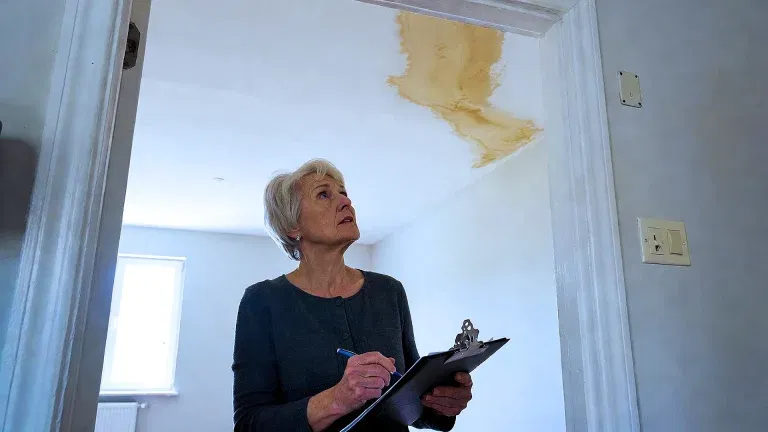 An older woman holding a clipboard inspects a large water stain on the ceiling near a doorway in a residential room, highlighting the attentive service provided by SLPM Bay Area Property Management.