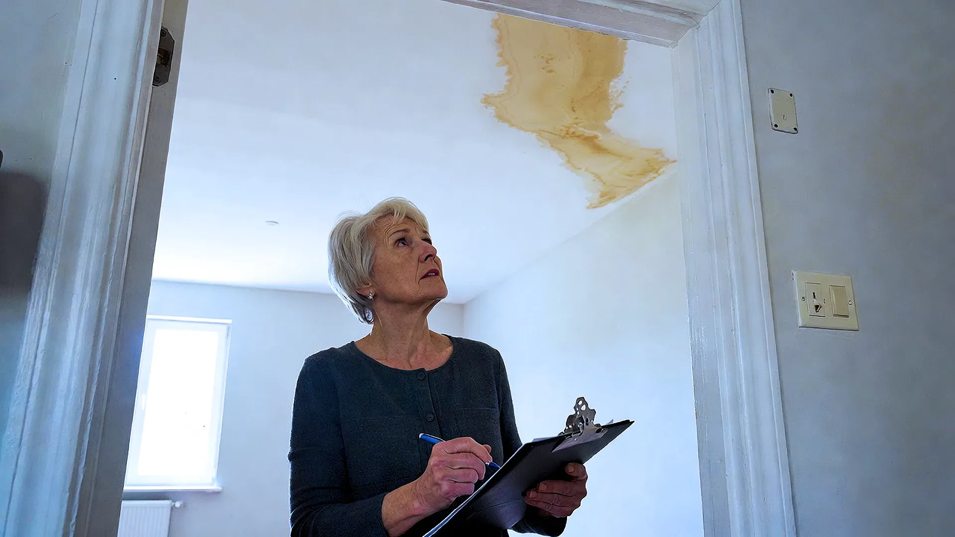 An older woman holding a clipboard inspects a large water stain on the ceiling near a doorway in a residential room, highlighting the attentive service provided by SLPM Bay Area Property Management.