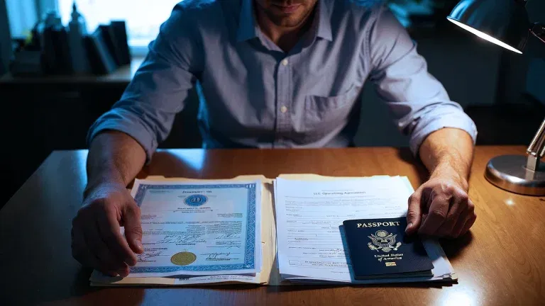 A person sits at a desk with official documents, including a certificate, paperwork, and a U.S. passport under a desk lamp, possibly preparing forms for SLPM Bay Area Property Management.