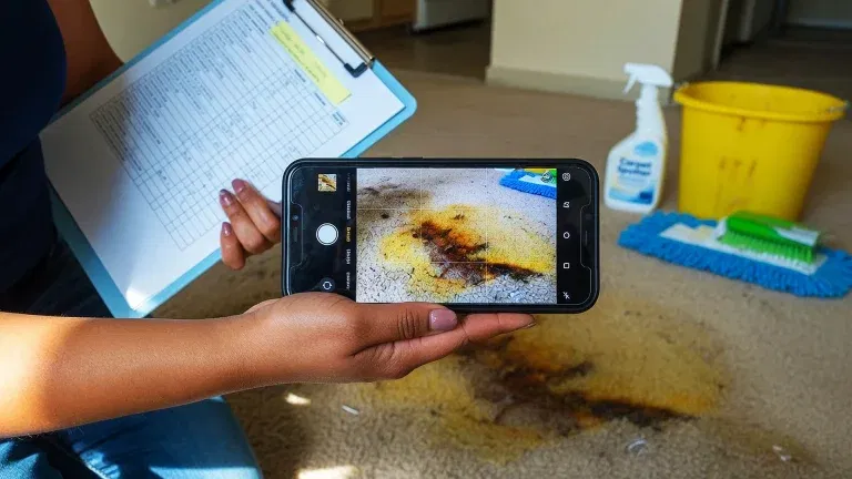 A person documents a large stain on a carpet by taking a photo with a smartphone; SLPM Bay Area Property Management cleaning supplies and a checklist on a clipboard are visible nearby.