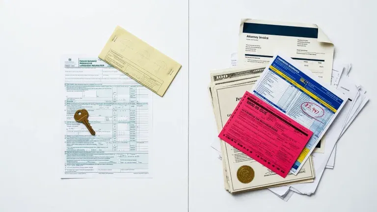 A set of documents and a key on the left, and a stack of invoices, bills, certificates, and paperwork on the right—all neatly arranged on a white surface for SLPM Bay Area Property Management.