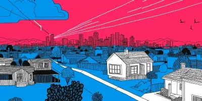 Illustration of a suburban neighborhood featuring houses, trees, and a distant city skyline under a vibrant pink sky with blue clouds and trails. Birds fly on the right side, capturing the essence of professional property management in harmony with nature.